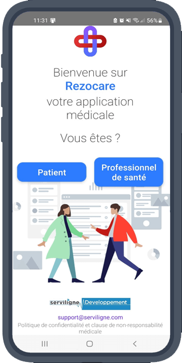 Ecran d'accueil de l'application mobile Rezocare